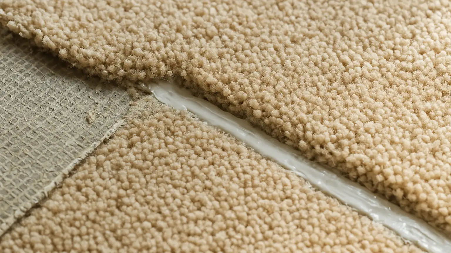 Close-up of new carpet fibers with visible loose backing, adhesive residue, and fresh seam sealer still wet along the seam line.