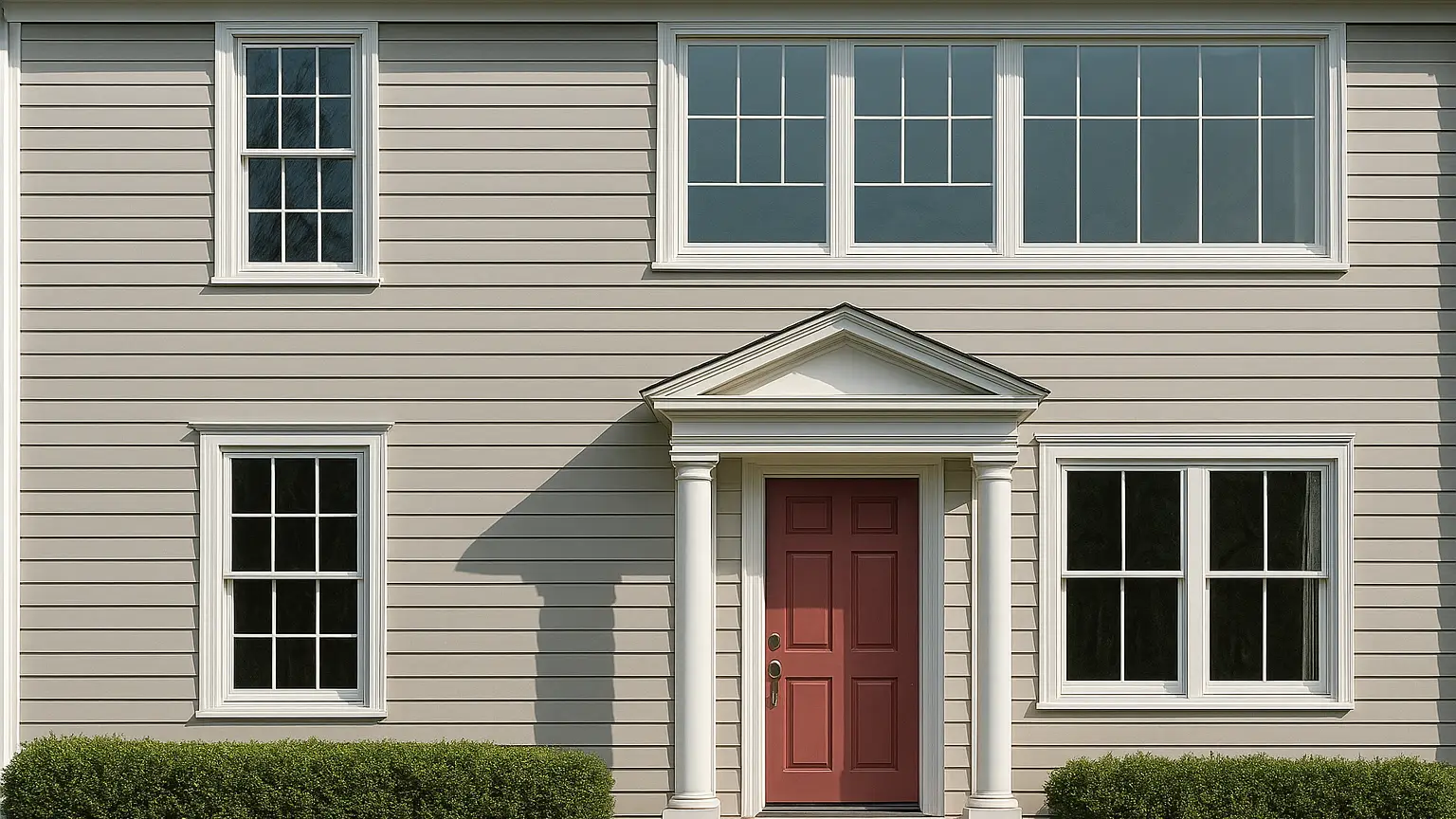 A Colonial-style home's facade showing mismatched window sizes, original tall double-hungs beside newer, wider replacement windows with visible filler trim at top.