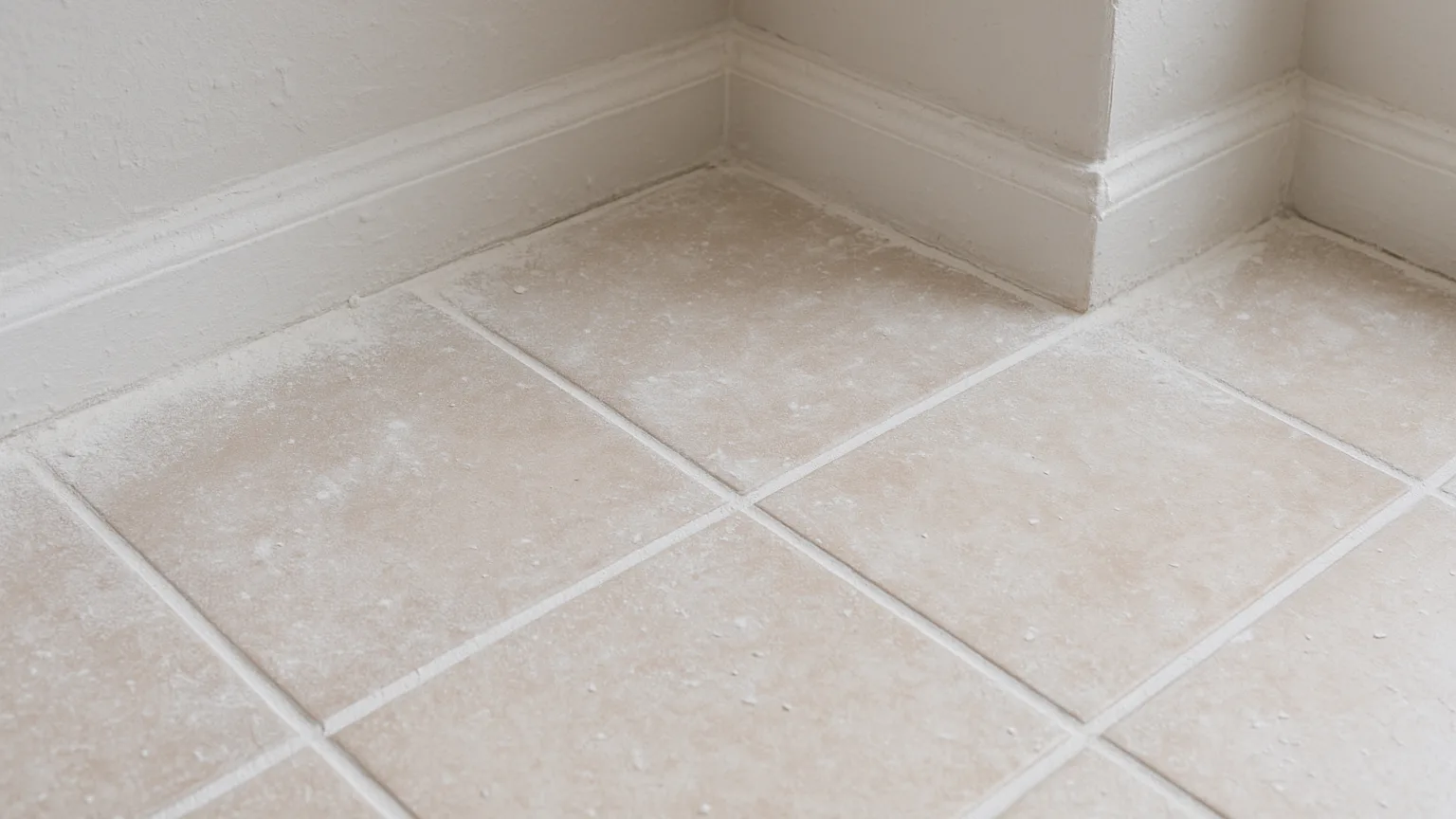 Construction dust settled on new tile grout joints and floor surface, with drywall powder visible in corners and along baseboards.