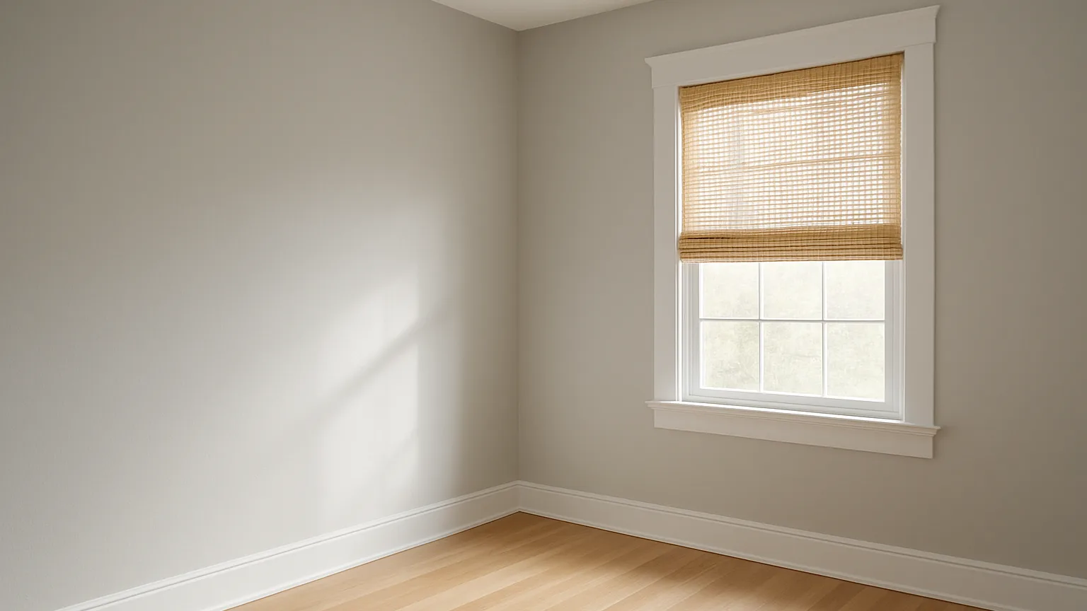 A freshly painted bedroom wall with a bare window beside new trim and flooring, a woven bamboo shade installed filtering afternoon sunlight across the room.
