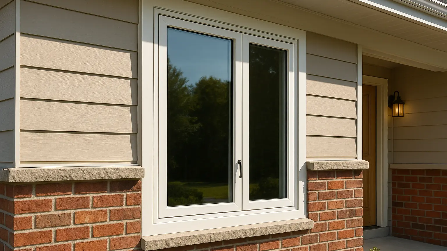 Close-up of a ranch house front displaying a modern casement window installed in a frame designed for traditional double-hung proportions, creating visual discord.