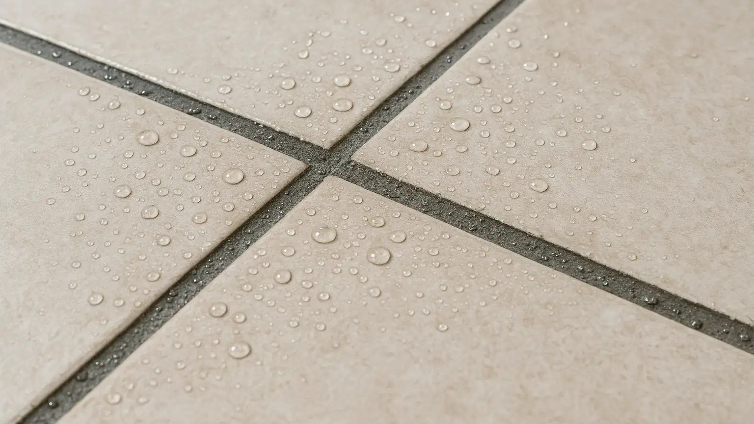 Newly installed grout joints in tile floor showing wet, uncured grout with moisture beading on the surface and chemical curing in progress.