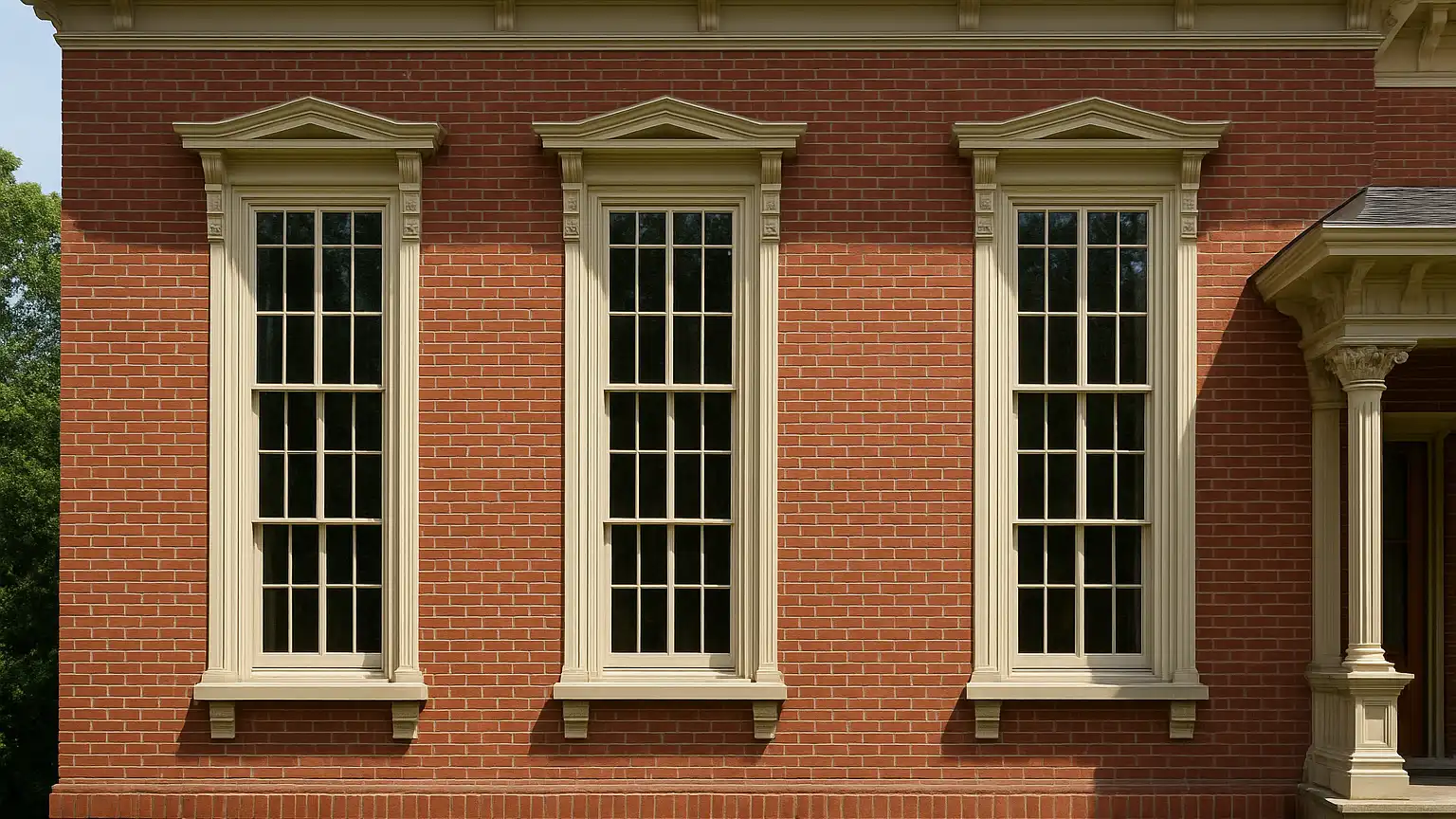 A Victorian home's exterior with period-correct tall, narrow windows with matching grille patterns and consistent spacing across the facade, demonstrating proper architectural alignment.