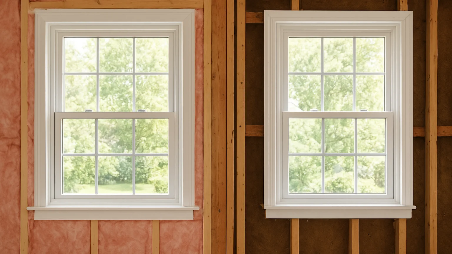 Two identical double-hung windows installed side-by-side in different wall conditions: one with visible insulation and tight sealing, the other with exposed studs and gaps around the frame.