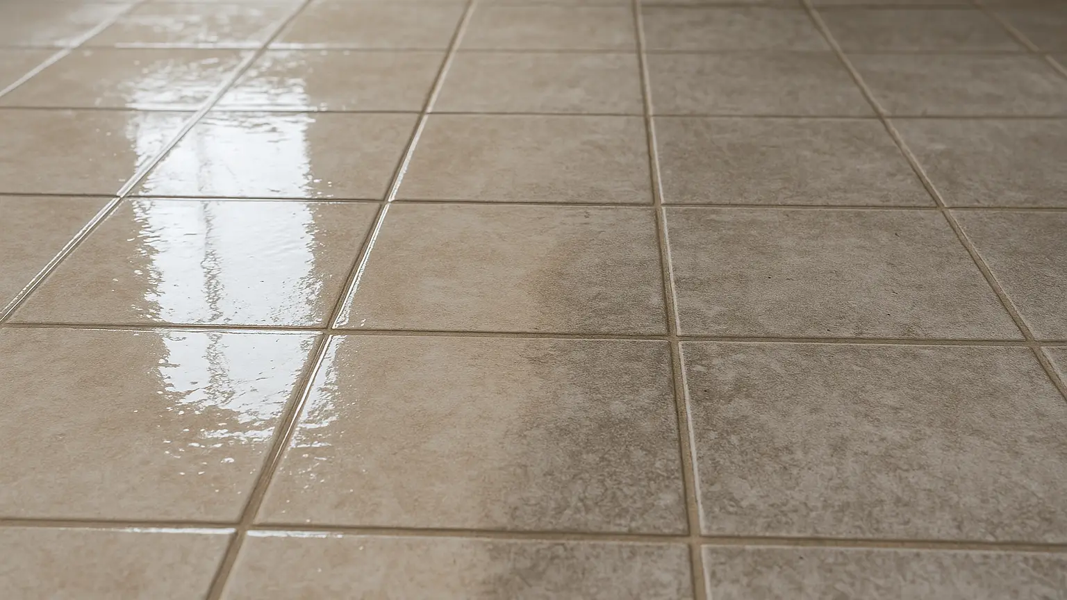 Wet tile floor next to dry tile floor in same room, showing dramatic difference in appearance, wet section bright, dry section dull and gray with visible residue buildup.