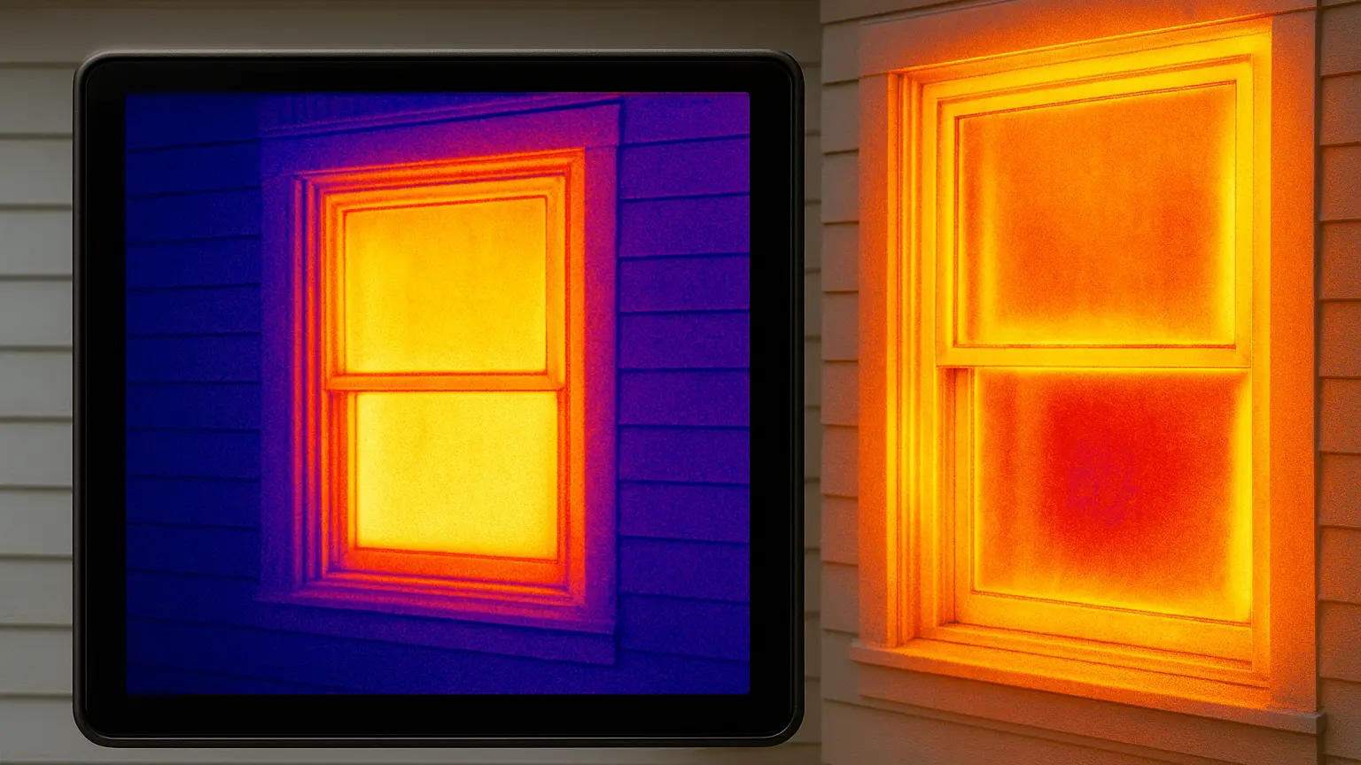 Thermal imaging camera display showing heat loss patterns around the same window model in two houses, one with minimal thermal escape, one with significant heat bleeding through walls and frame.