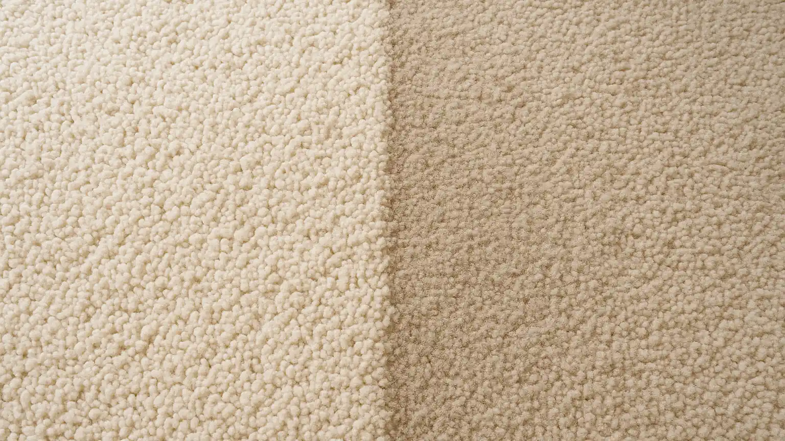 Carpet with visible matted traffic lane down the center, adjacent to fluffy unwalked carpet pile, demonstrating flattened fiber and soil reabsorption after cleaning.