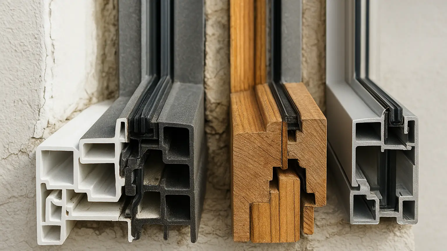 Close-up of window frame cross-sections displaying vinyl, fiberglass, wood, and aluminum materials arranged to show expansion, contraction, and seal integrity differences in aged versus new wall openings.