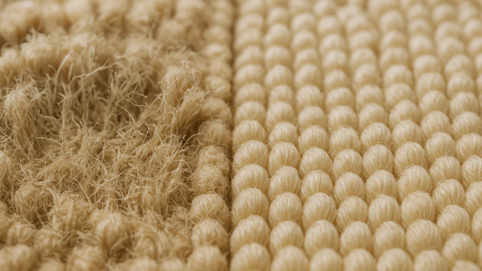 Close-up of carpet fibers under magnification showing microscopic cuts and notches in worn traffic lane versus intact fibers in protected area.