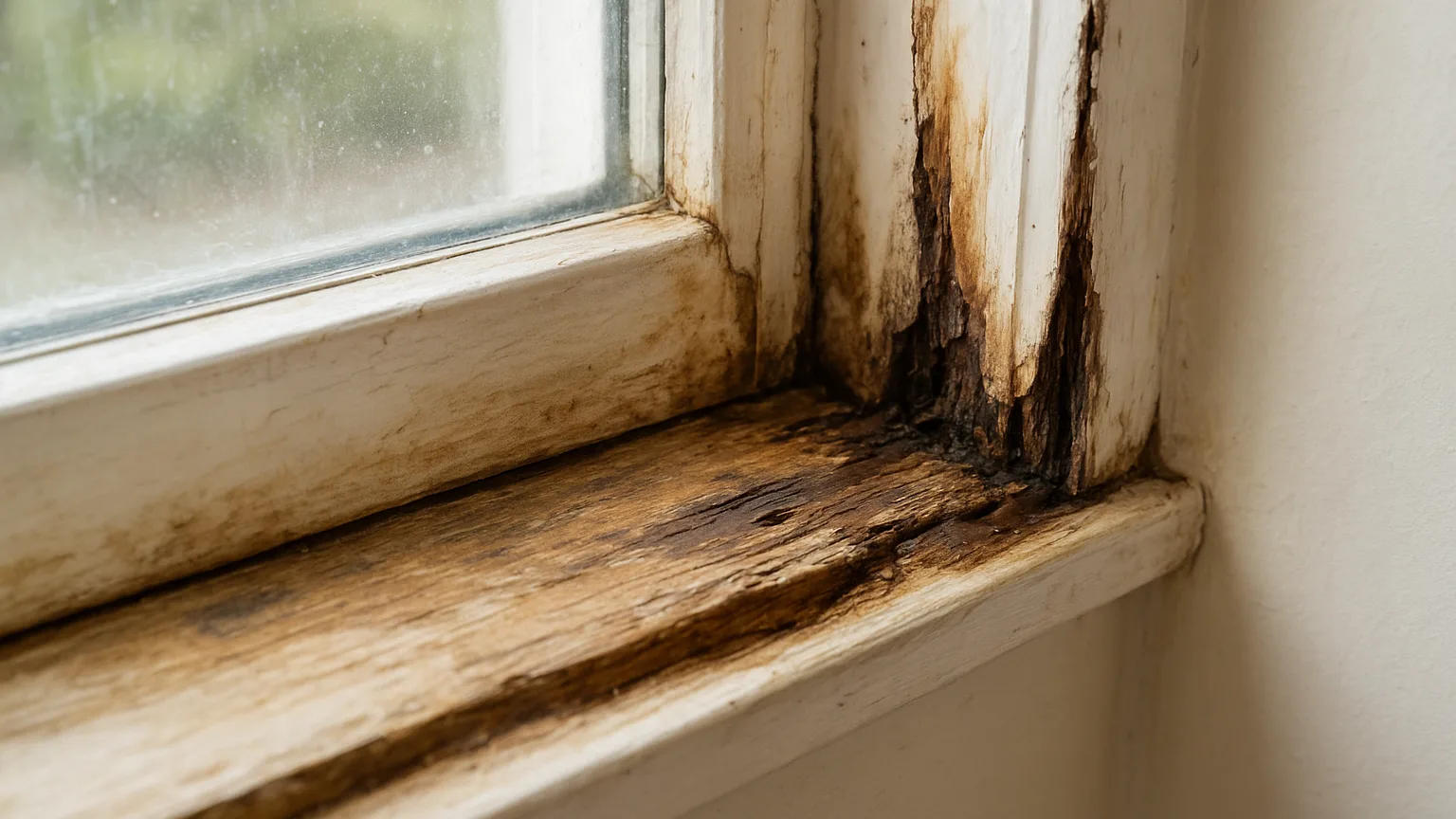 Close-up of a window frame showing water staining, soft wood at the sill, and visible rot damage on the jamb requiring assessment.