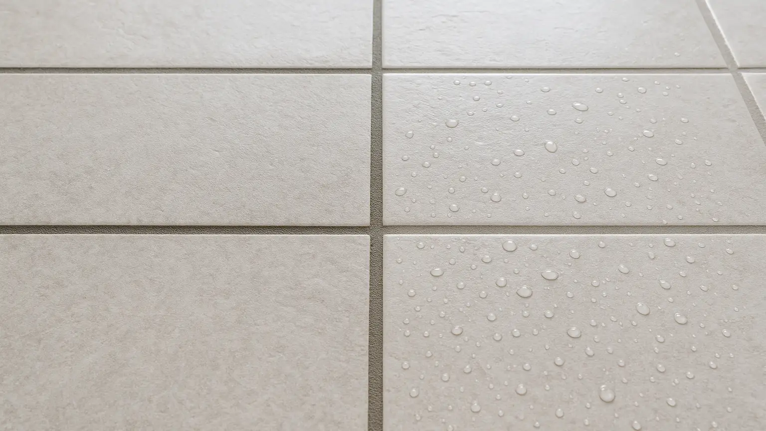 Split-view of two identical tile installations: one with darkened, porous grout lines; the other with sealed, uniform grout showing water beading on surface.