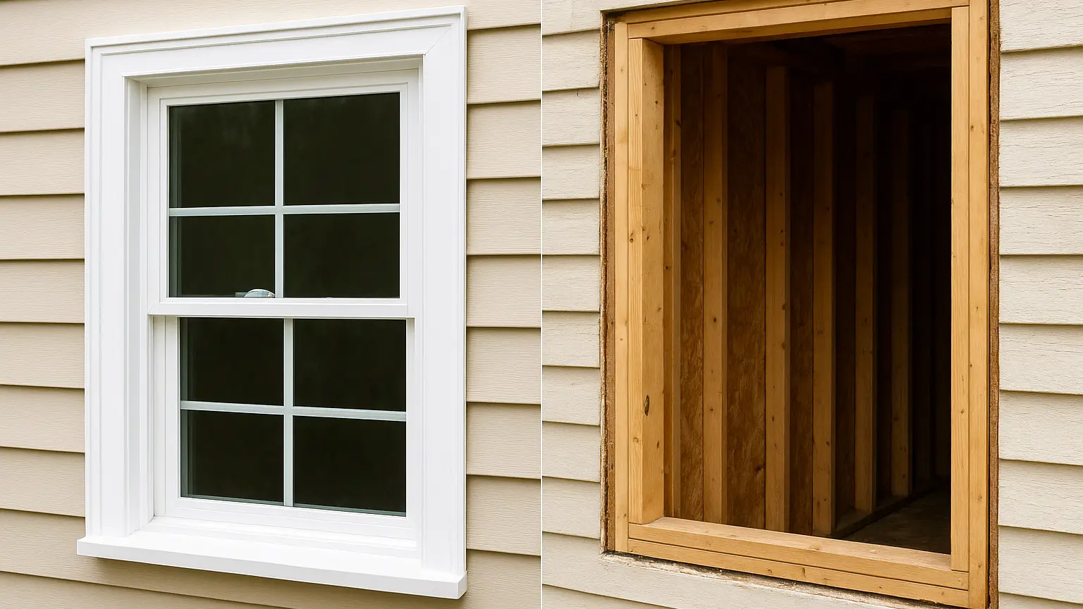 Side-by-side comparison of an insert window pocket installed within original exterior trim versus a full-frame opening stripped to bare studs.
