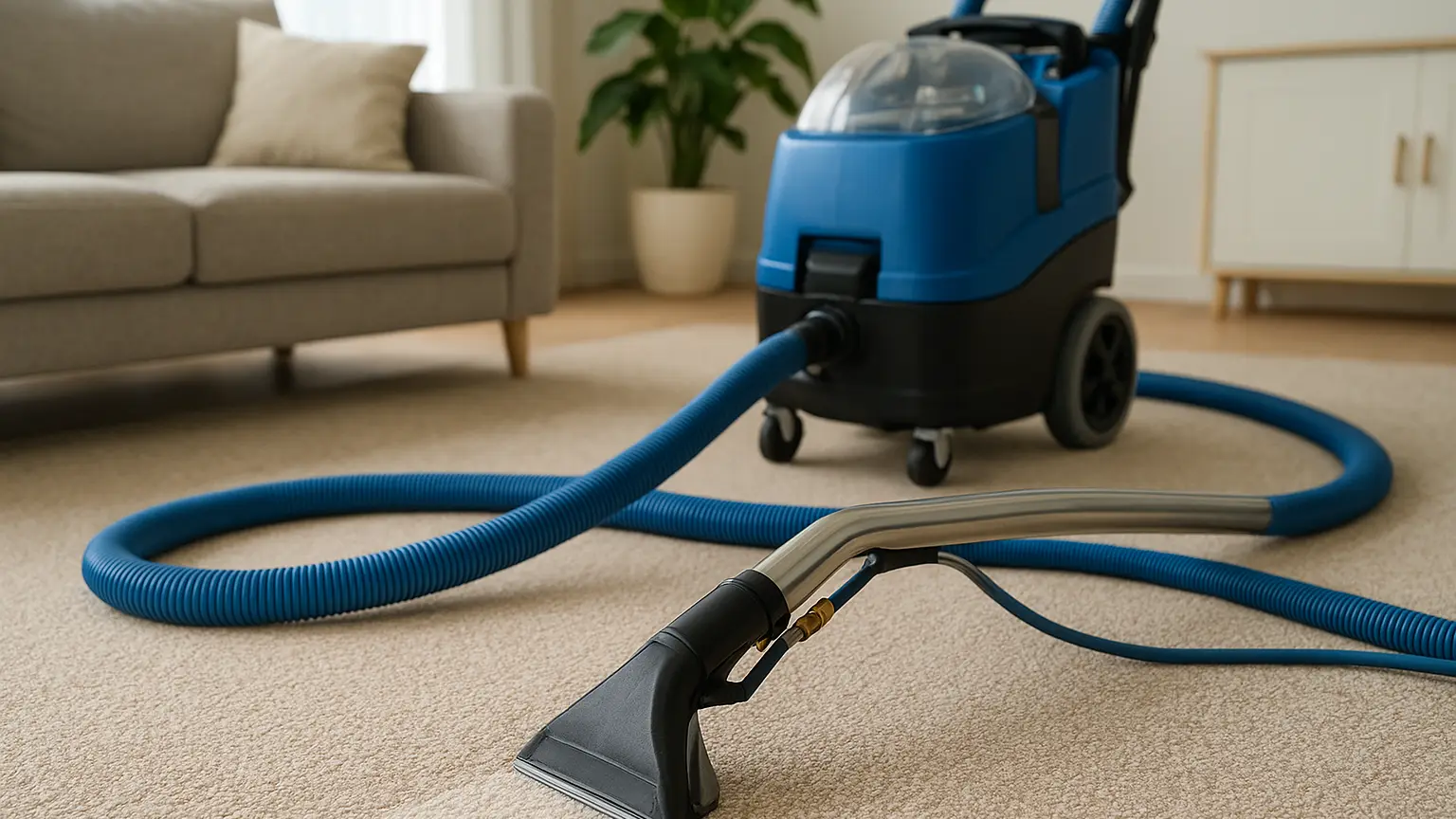 Professional carpet cleaning equipment with hot water extraction hose positioned over living room carpet, cleaning solution dispenser and collection tank visible.