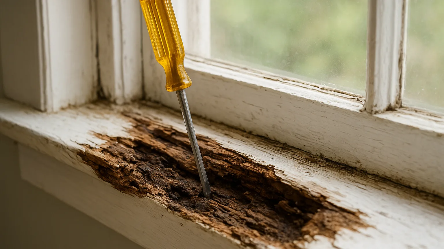 Screwdriver pressed into deteriorated wood around a window sill, revealing deep soft spots and hidden moisture damage beneath the surface.