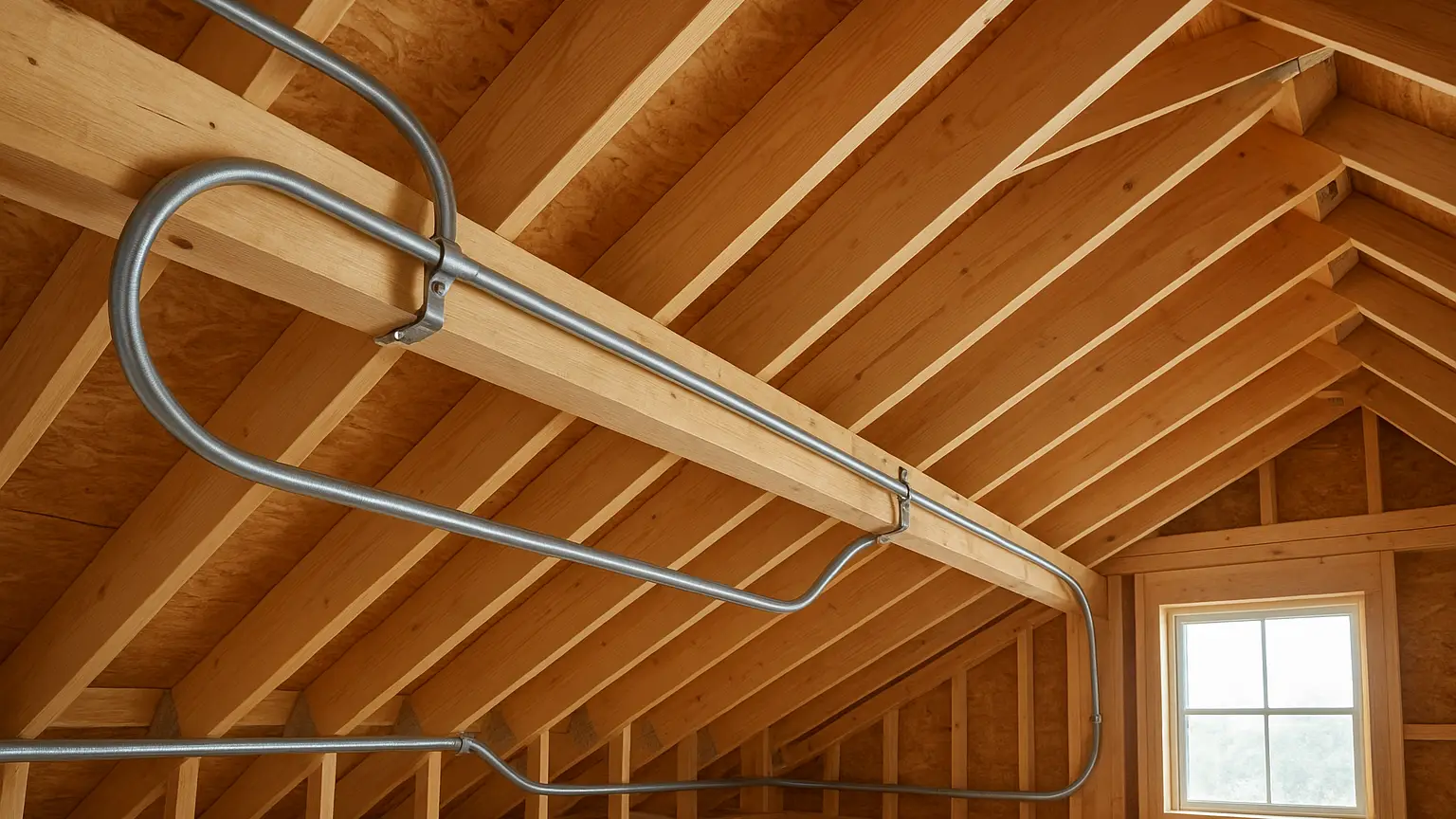 Open attic framing with conduit chase routed through exposed joists and rafters, ready for solar wiring installation before sheathing closes the space.