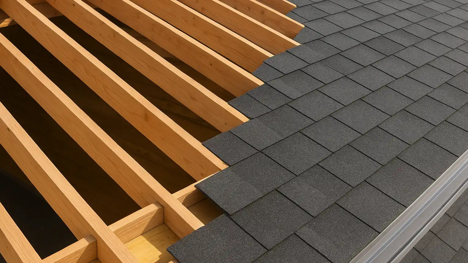 Partially shingled roof showing exposed framing on one section and completed shingles on another, illustrating the narrow window for solar rough-in work.