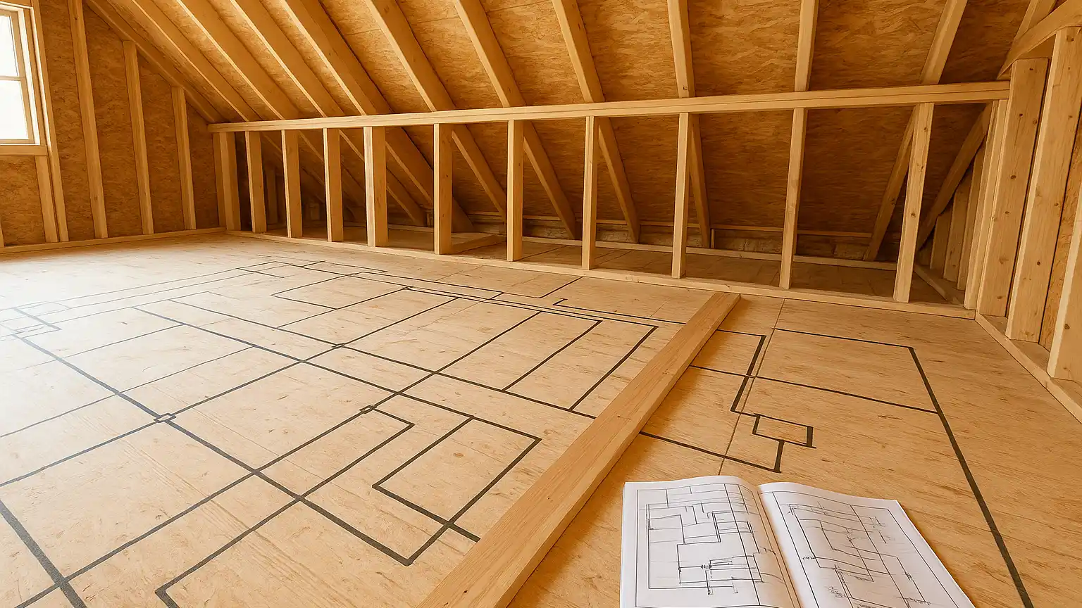 Contractor's layout on plywood showing conduit routing diagram, reinforcement lumber, and electrical specifications spread across an open attic floor during framing stage.